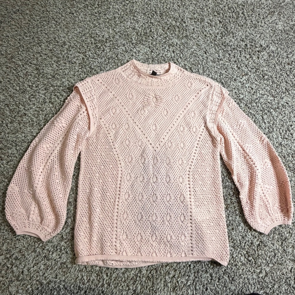 White House Black Market Pink Pointelle Mock Neck Balloon Sleeve Sweater XS